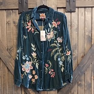 Johnny Was Silk Blend Velvet Oversized Shirt
